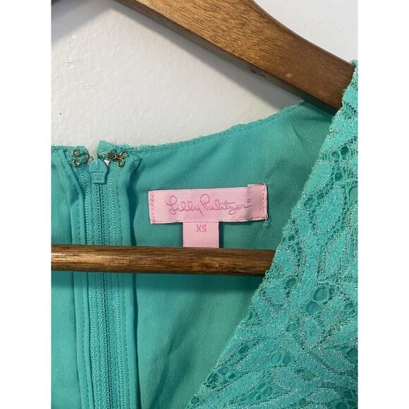 Lilly Pulitzer Erica Seafoam Green Metallic Jungle Lace Shift Dress $228 XS EUC - Picture 3 of 6